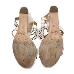 Pre Owned Chloe White Cutout Leather Platform Wedge Sandals Size 40