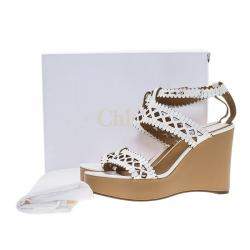Pre Owned Chloe White Cutout Leather Platform Wedge Sandals Size 40