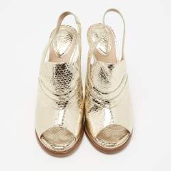 Pre Owned Chloe Light Gold Snakeskin Embossed Leather Open-Toe Slingback Sandals Size 38.5
