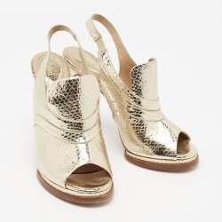 Pre Owned Chloe Light Gold Snakeskin Embossed Leather Open-Toe Slingback Sandals Size 38.5