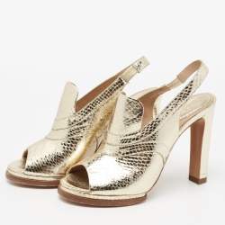Pre Owned Chloe Light Gold Snakeskin Embossed Leather Open-Toe Slingback Sandals Size 38.5