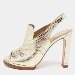 Pre Owned Chloe Light Gold Snakeskin Embossed Leather Open-Toe Slingback Sandals Size 38.5