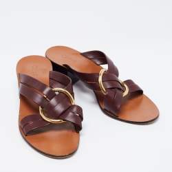 Chloe Burgundy Leather Rony Block Heel Sandals Size 39