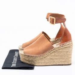 Pre Owned Chloe Tan Leather and Suede Peep-Toe Espadrille Platform Wedge Sandals Size 39