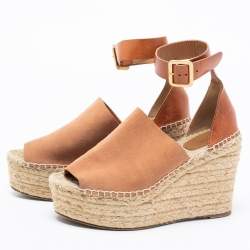Pre Owned Chloe Tan Leather and Suede Peep-Toe Espadrille Platform Wedge Sandals Size 39