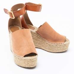 Pre Owned Chloe Tan Leather and Suede Peep-Toe Espadrille Platform Wedge Sandals Size 39