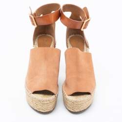Pre Owned Chloe Tan Leather and Suede Peep-Toe Espadrille Platform Wedge Sandals Size 39