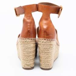 Pre Owned Chloe Tan Leather and Suede Peep-Toe Espadrille Platform Wedge Sandals Size 39