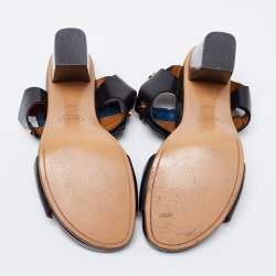 Chloe Black/Blue Leather Fringes Block Heel Sandals Size 39.5