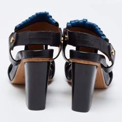 Chloe Black/Blue Leather Fringes Block Heel Sandals Size 39.5