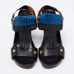 Chloe Black/Blue Leather Fringes Block Heel Sandals Size 39.5