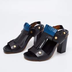 Chloe Black/Blue Leather Fringes Block Heel Sandals Size 39.5