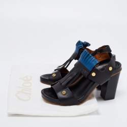 Chloe Black/Blue Leather Fringes Block Heel Sandals Size 39.5