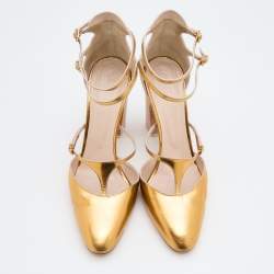 Chloe Metallic Gold Leather Block Heel Ankle Strap Sandals Size 39.5