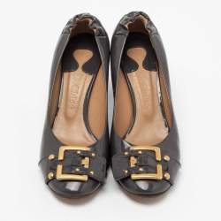Pre Owned Chloe Grey Patent Leather Gold Buckle Block Heel Pumps Size 38.5