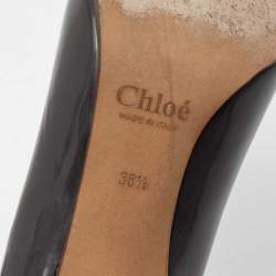 Pre Owned Chloe Grey Patent Leather Gold Buckle Block Heel Pumps Size 38.5