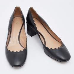 Pre Owned Chloe Black Leather Lauren Scallop Trim Block Heel Pumps Size 38