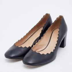 Pre Owned Chloe Black Leather Lauren Scallop Trim Block Heel Pumps Size 38