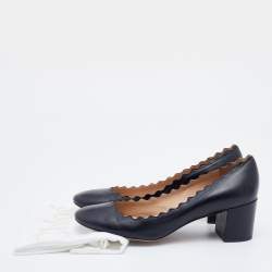 Pre Owned Chloe Black Leather Lauren Scallop Trim Block Heel Pumps Size 38