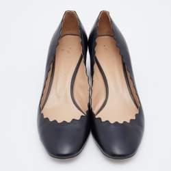 Pre Owned Chloe Black Leather Lauren Scallop Trim Block Heel Pumps Size 38