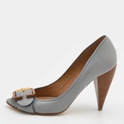 Pre Owned Chloe Grey Leather Buckle Peep Toe Pumps Size 39