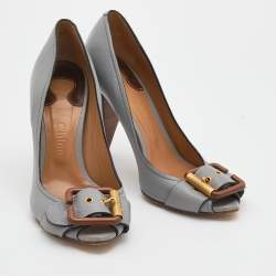 Pre Owned Chloe Grey Leather Buckle Peep Toe Pumps Size 39