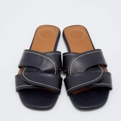 Pre Owned Chloe Black Leather Twist Candice Flat Slide Sandals Size 37.5