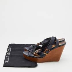 Pre Owned Chloe Navy Blue Leather Crisscross Ankle-Strap Wooden Wedge Sandals Size 39.5