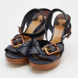 Pre Owned Chloe Navy Blue Leather Crisscross Ankle-Strap Wooden Wedge Sandals Size 39.5