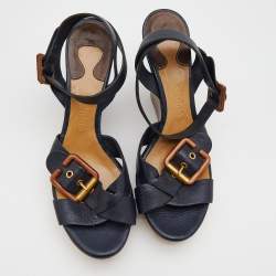 Pre Owned Chloe Navy Blue Leather Crisscross Ankle-Strap Wooden Wedge Sandals Size 39.5
