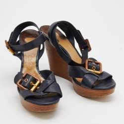 Pre Owned Chloe Navy Blue Leather Crisscross Ankle-Strap Wooden Wedge Sandals Size 39.5