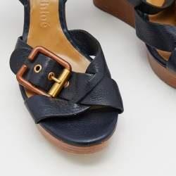 Pre Owned Chloe Navy Blue Leather Crisscross Ankle-Strap Wooden Wedge Sandals Size 39.5