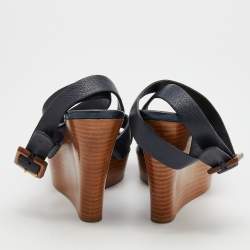 Pre Owned Chloe Navy Blue Leather Crisscross Ankle-Strap Wooden Wedge Sandals Size 39.5