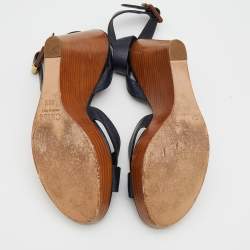 Pre Owned Chloe Navy Blue Leather Crisscross Ankle-Strap Wooden Wedge Sandals Size 39.5