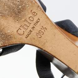 Pre Owned Chloe Navy Blue Leather Crisscross Ankle-Strap Wooden Wedge Sandals Size 39.5