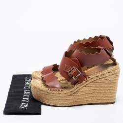 Pre Owned Chloe Brown Leather Lauren Wedge Espadrille Platform Sandals Size 39