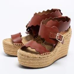 Pre Owned Chloe Brown Leather Lauren Wedge Espadrille Platform Sandals Size 39