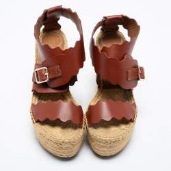 Pre Owned Chloe Brown Leather Lauren Wedge Espadrille Platform Sandals Size 39