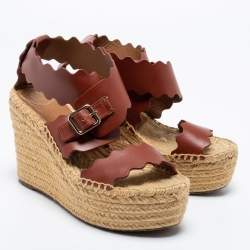 Pre Owned Chloe Brown Leather Lauren Wedge Espadrille Platform Sandals Size 39