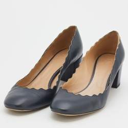 Pre Owned Chloe Grey Leather Lauren Scallop Trim Block Heel Pumps Size 41