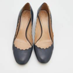 Pre Owned Chloe Grey Leather Lauren Scallop Trim Block Heel Pumps Size 41