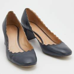 Pre Owned Chloe Grey Leather Lauren Scallop Trim Block Heel Pumps Size 41