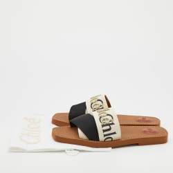 Pre Owned Chloe Cream/Black Nylon Embroidered Woody Flat Sandals Size 39