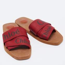 Pre Owned Chloe Red Logo Canvas Woody Flat Slides Size 40