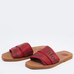 Pre Owned Chloe Red Logo Canvas Woody Flat Slides Size 40