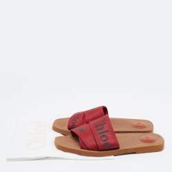 Pre Owned Chloe Red Logo Canvas Woody Flat Slides Size 40