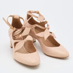 Pre Owned Chloe Beige Leather Three Bows Mike Ankle Strap Pumps Size 38