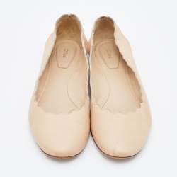 Pre Owned Chloe Beige Leather Lauren Scalloped Ballet Flats Size 36.5