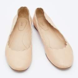 Pre Owned Chloe Beige Leather Lauren Scalloped Ballet Flats Size 36.5