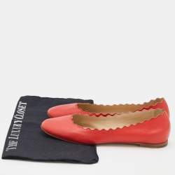 Chloe Coral Red Leather Lauren Scalloped Ballet Flats Size 36.5